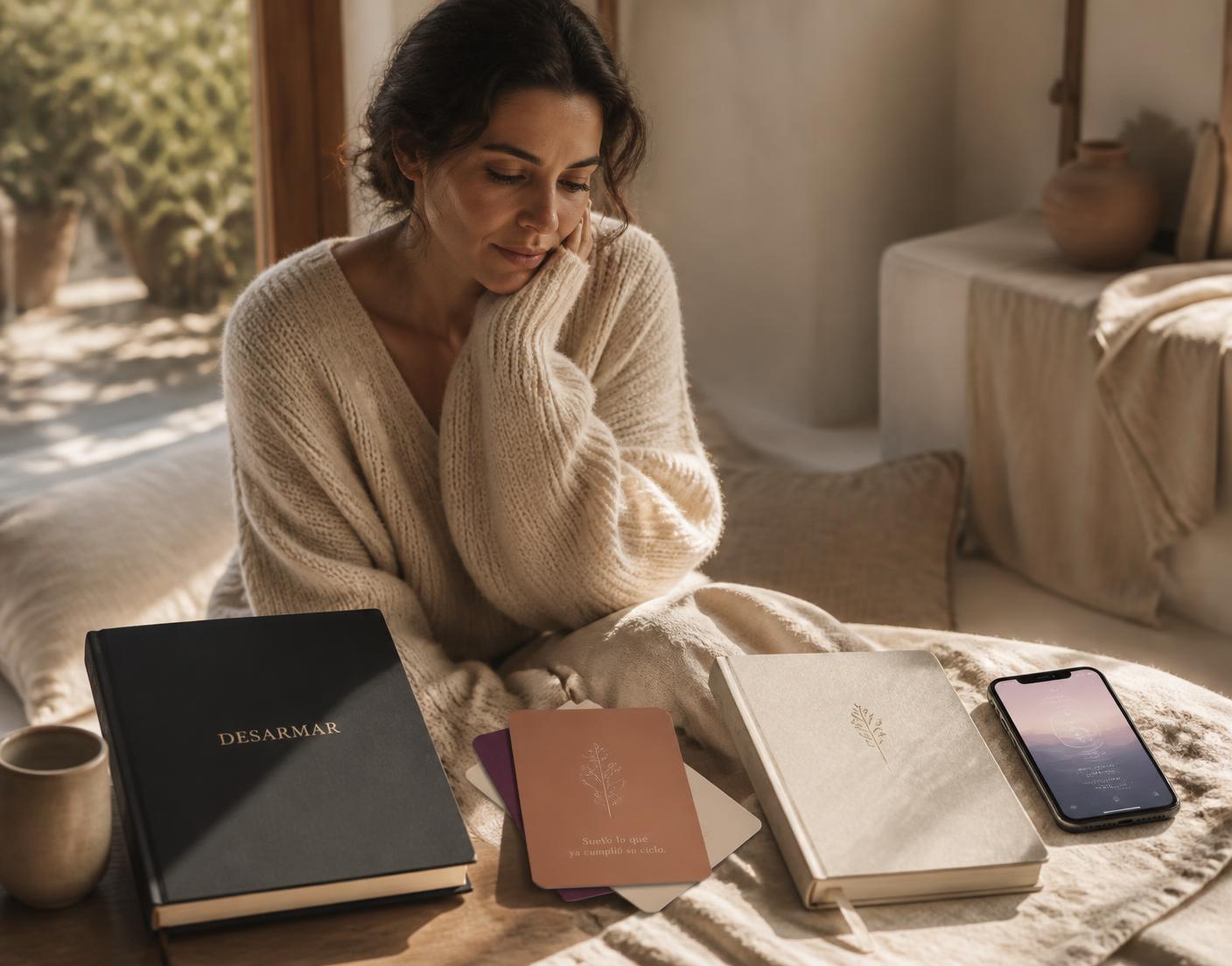 Mujer en un momento de introspección junto al libro, las cartas, el cuaderno y la app DESARMAR